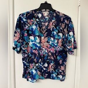 Dana Buchman Womens Floral Print V Neck Short Sleeve Top Size S Navy Multi